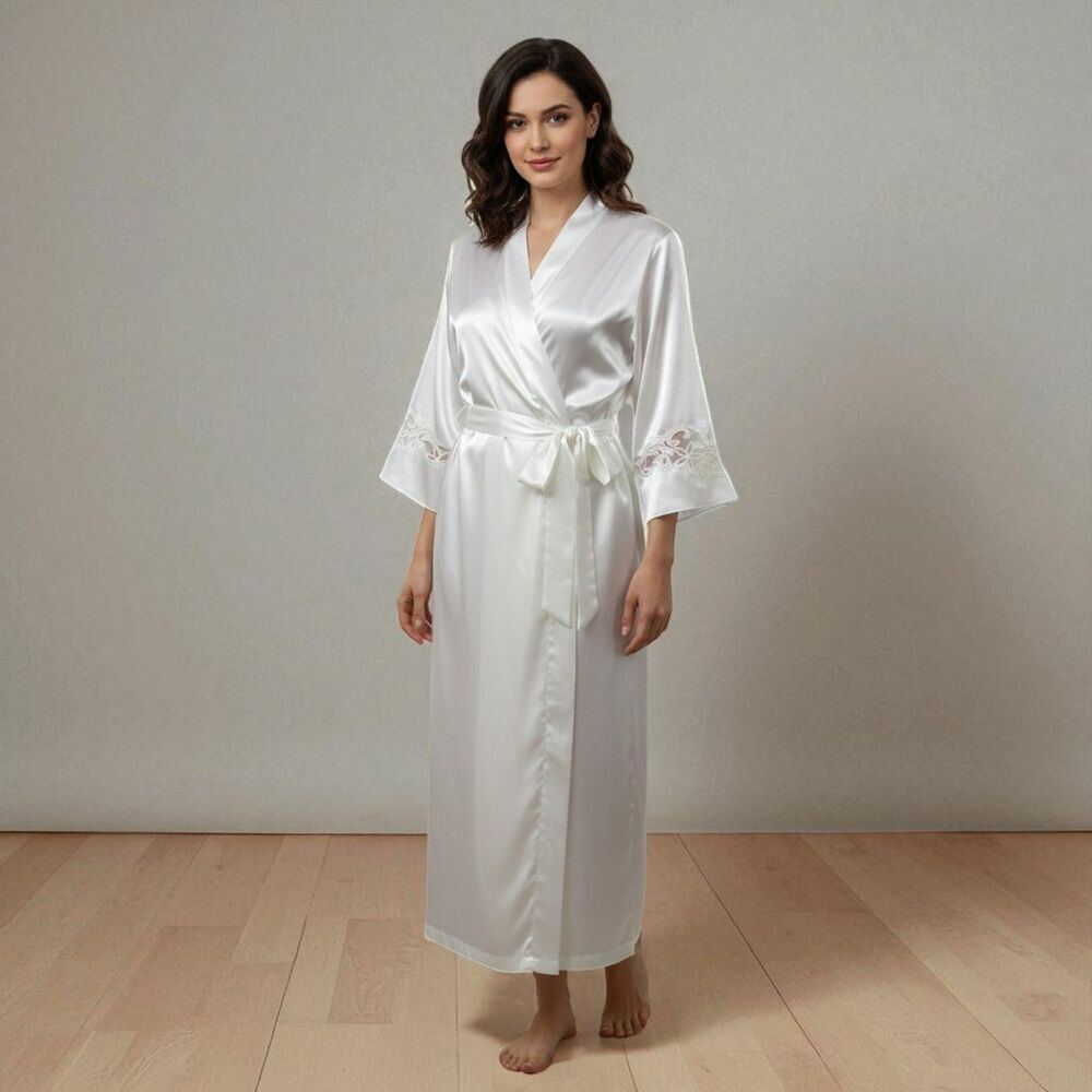 Morgan Taylor Ivory Satin Bridal Robe Size S Maxi Embroidered Sleeves Boudoir